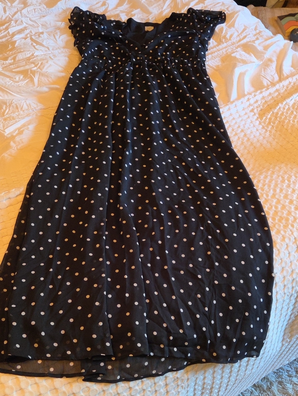 Black Polka Dot Midi Dress with Ruffled Sleeves